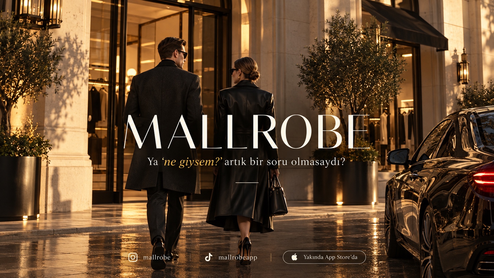 Mallrobe — Ya ‘ne giysem?’ artık bir soru olmasaydı? Mallrobe mağazasının önünde yürüyen şık bir kadın ve erkek. Instagram mallrobe, TikTok mallrobeapp, yakında App Store’da.